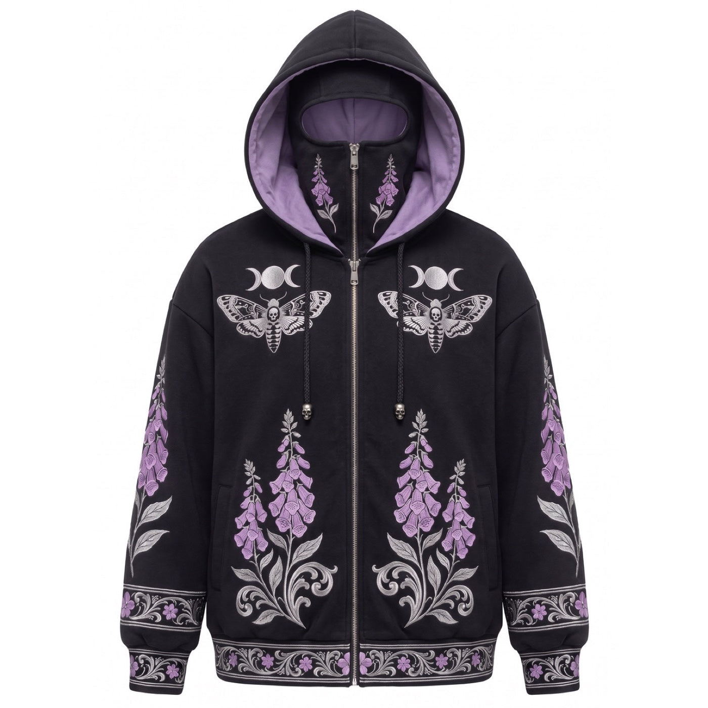 Moth and Foxglove balaclava hoodie in black and violet