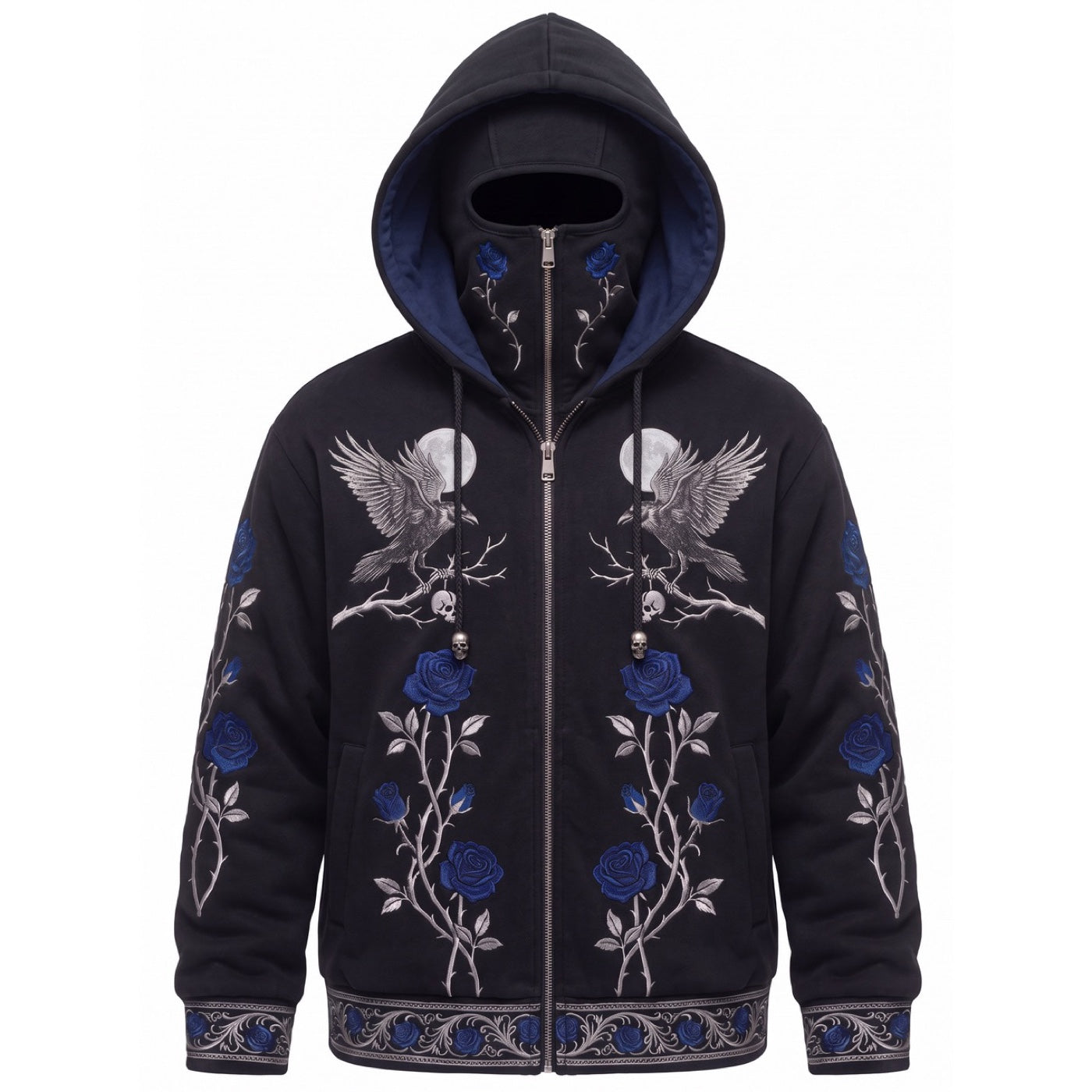 Raven and Thorn balaclava hoodie in black and midnight blue
