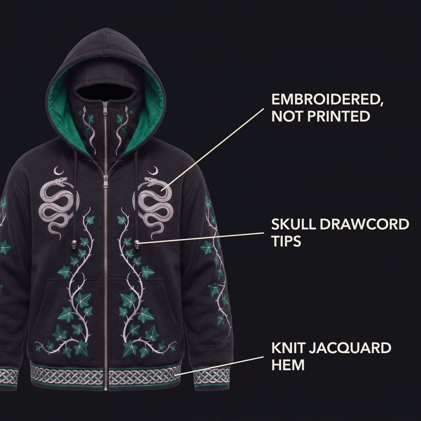 Embroidered not printed, skull drawcord tips, knit jacquard hem