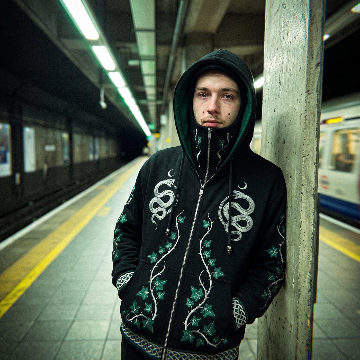 Hood up on a late train platform