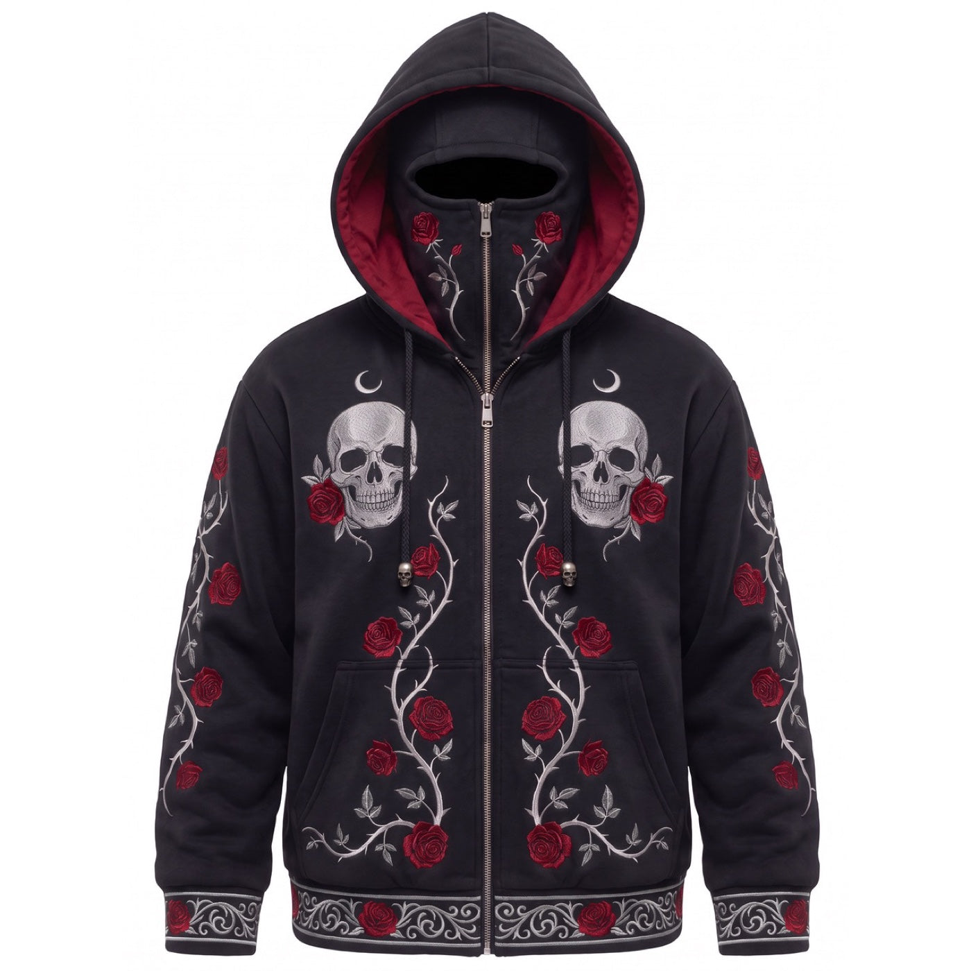 Skull and Rose balaclava hoodie in black and crimson