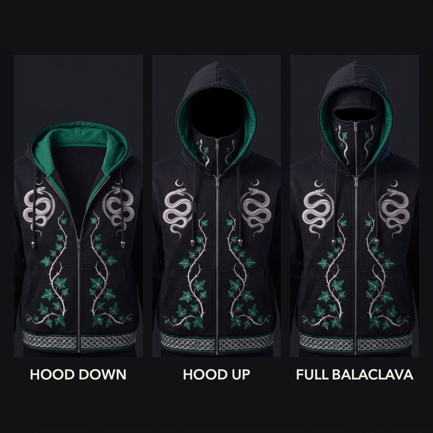 Hood down, hood up, full balaclava